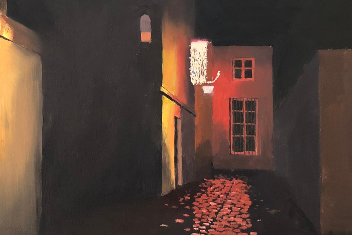 Peinture à l'huile de nuit, représentant une ruelle éclairée