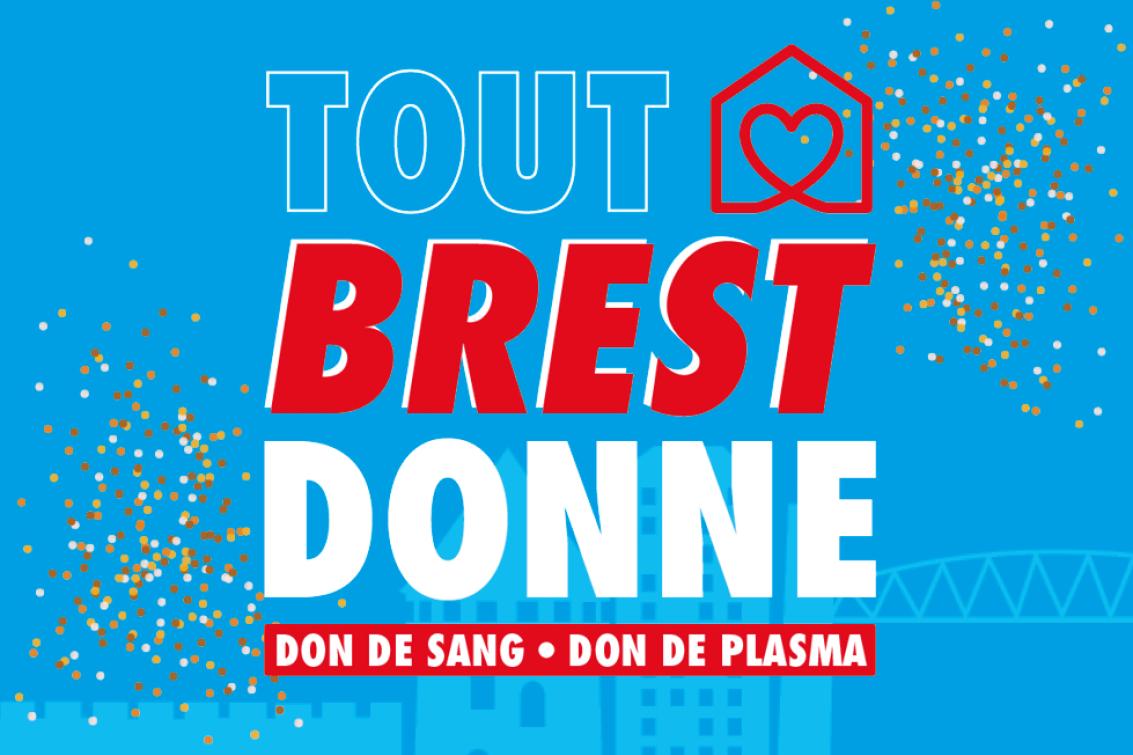 Texte "Tout Brest donne" sur fond bleu avec confettis