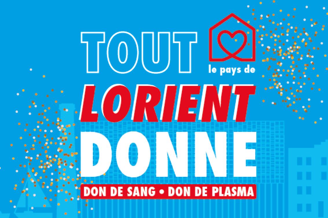 Texte "Tout Lorient donne" sur fond bleu et confettis