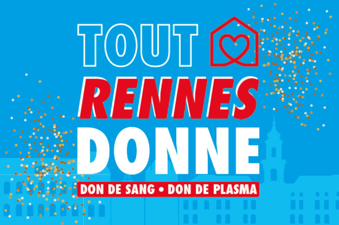 Visuel avec texte "Tout Rennes donne" sur fond bleu avec des confettis