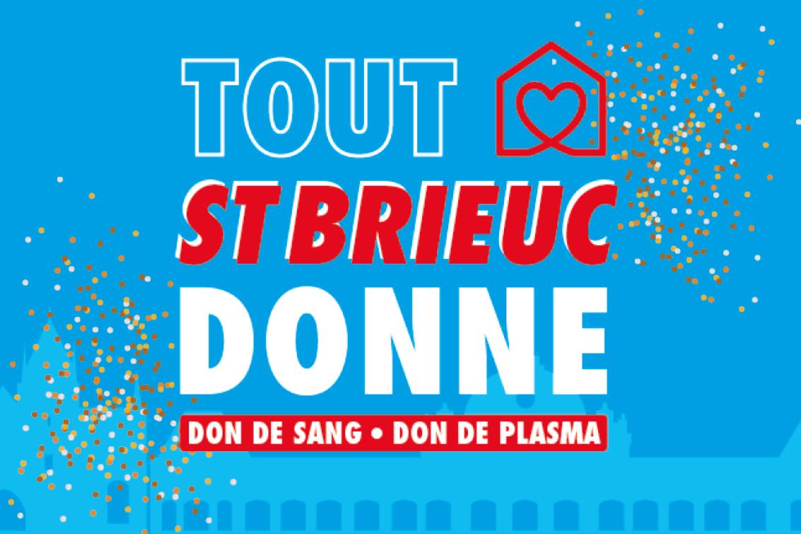 Texte "Tout Saint-Brieuc donne" sur fond bleu et confettis 