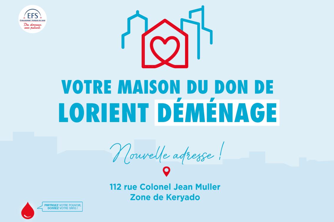 Visuel "Votre nouvelle Maison du don déménage" avec l'adresse indiquée (112 Rue Colonel Jean Muller)