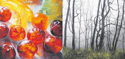 une peinture avec des fruits par Anne Courtine et une photo de forêt par David Brammeld