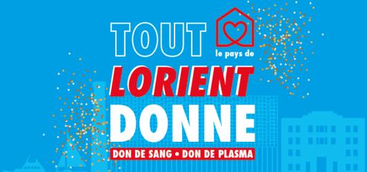 Texte "Tout Lorient donne" sur fond bleu et confettis