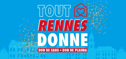 Visuel avec texte "Tout Rennes donne" sur fond bleu avec des confettis