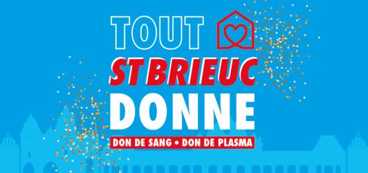 Texte "Tout Saint-Brieuc donne" sur fond bleu et confettis 